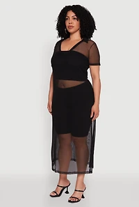 Womens Plus Size Side Slit Collared Mesh Maxi Top, Black, Size 2X