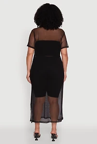 Womens Plus Size Side Slit Collared Mesh Maxi Top, Black, Size 2X