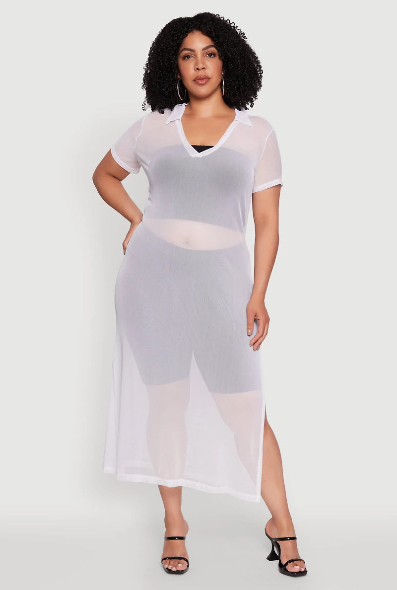 Womens Plus Side Slit Collared Mesh Maxi Top, 1X