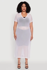 Womens Plus Side Slit Collared Mesh Maxi Top, White,