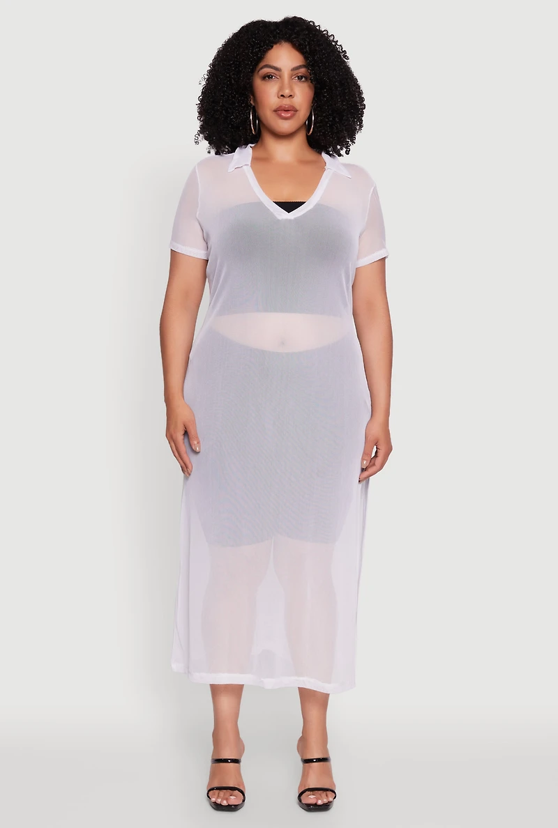 Womens Plus Side Slit Collared Mesh Maxi Top, 1X