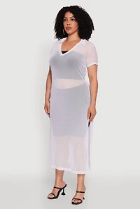 Womens Plus Side Slit Collared Mesh Maxi Top, White,