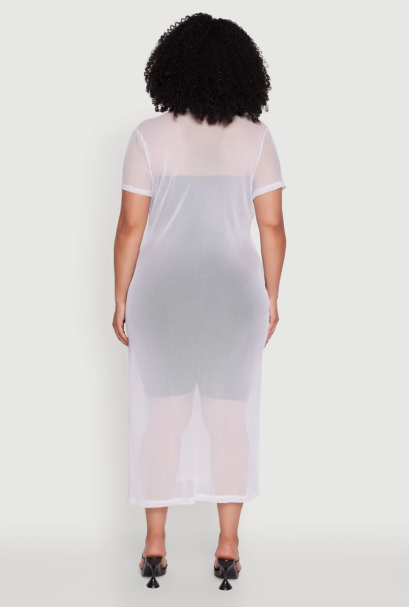 Womens Plus Side Slit Collared Mesh Maxi Top, 1X