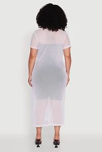 Womens Plus Side Slit Collared Mesh Maxi Top, 1X