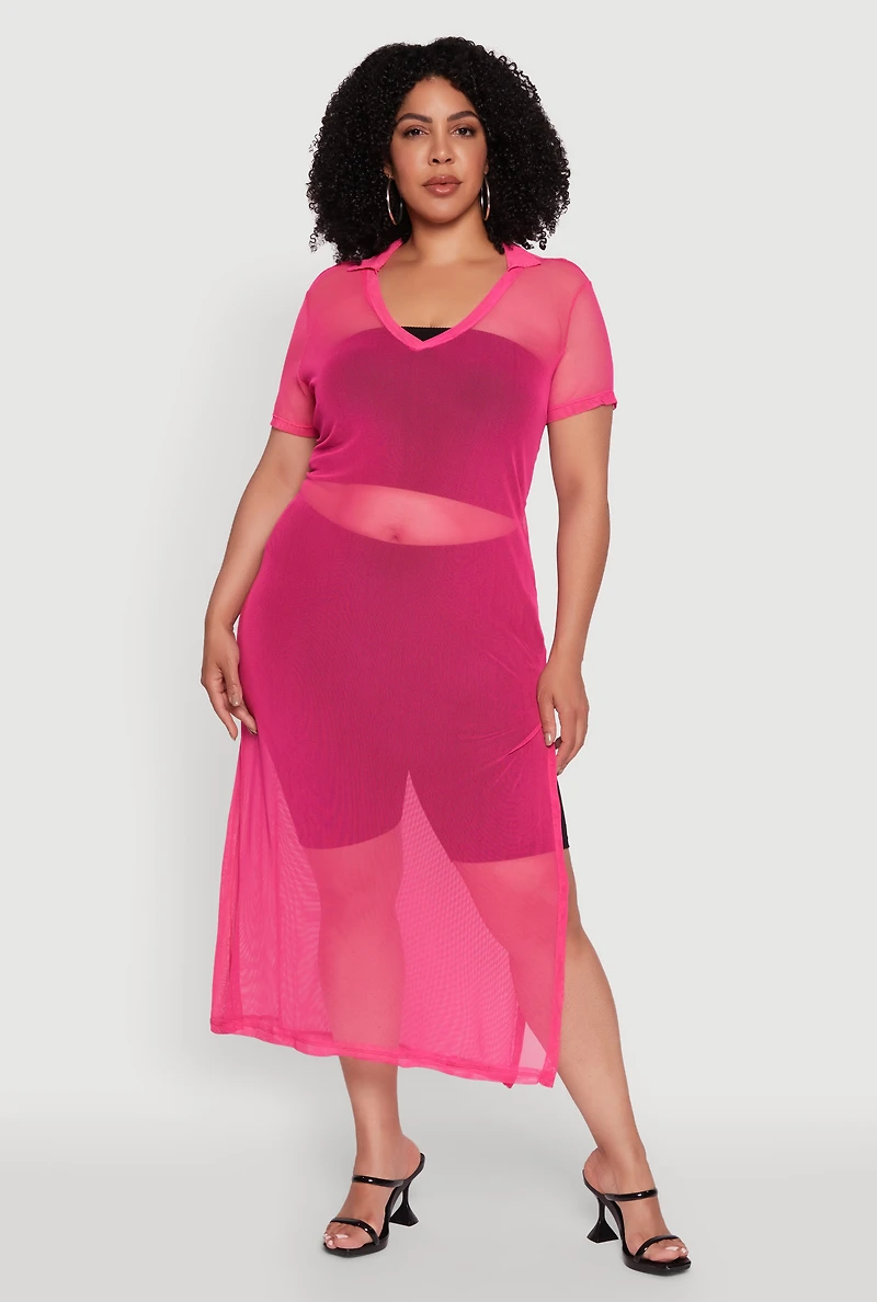 Plus Side Slit Collared Mesh Maxi Top