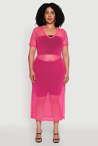 Womens Plus Side Slit Collared Mesh Maxi Top, 2X