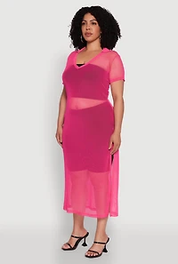 Womens Plus Side Slit Collared Mesh Maxi Top, 2X