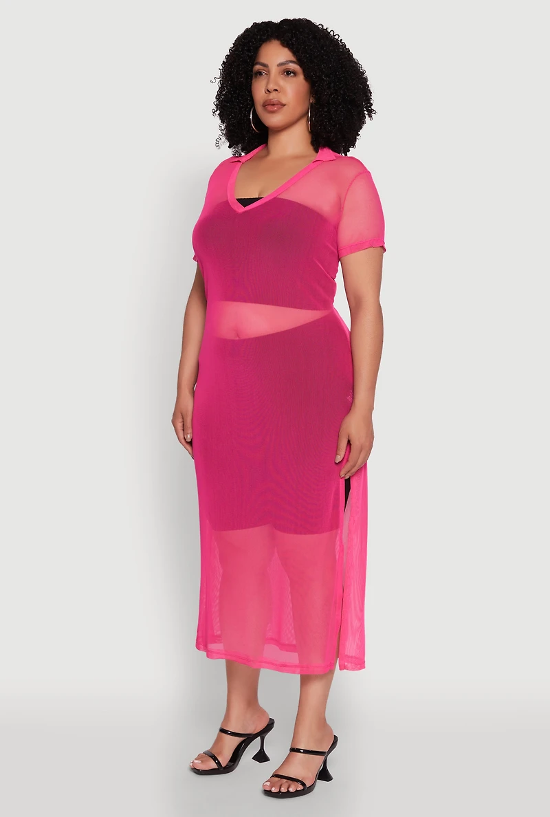 Womens Plus Side Slit Collared Mesh Maxi Top,