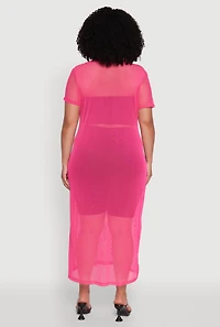 Womens Plus Side Slit Collared Mesh Maxi Top, 2X