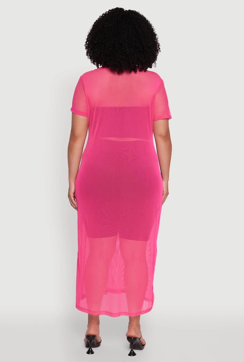 Womens Plus Side Slit Collared Mesh Maxi Top,