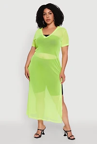 Womens Plus Size Side Slit Collared Mesh Maxi Top, Yellow, Size 3X