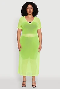 Womens Plus Side Slit Collared Mesh Maxi Top, Yellow,
