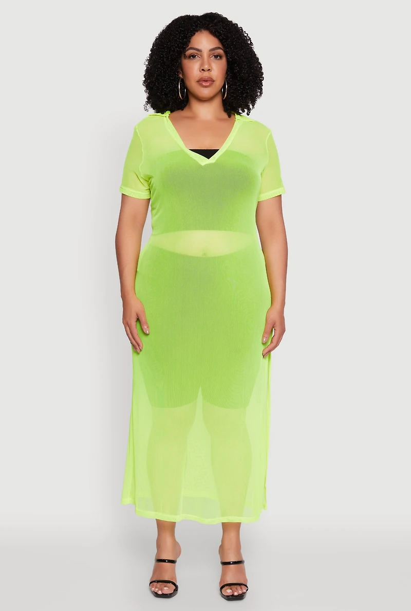 Womens Plus Size Side Slit Collared Mesh Maxi Top, Yellow, Size 3X