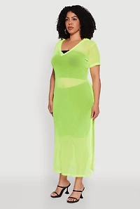 Womens Plus Size Side Slit Collared Mesh Maxi Top, Yellow, Size 3X