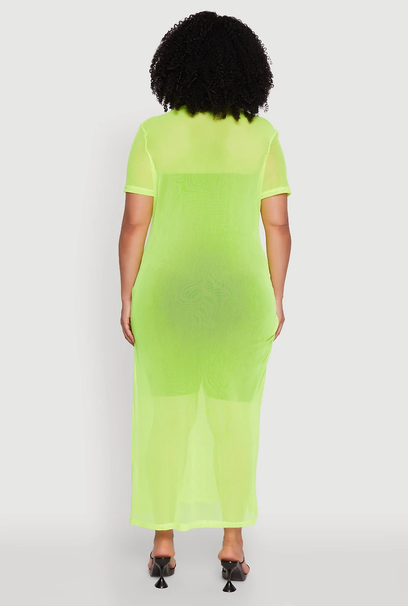 Womens Plus Size Side Slit Collared Mesh Maxi Top, Yellow, Size 3X