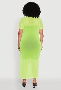 Womens Plus Size Side Slit Collared Mesh Maxi Top, Yellow, Size 3X