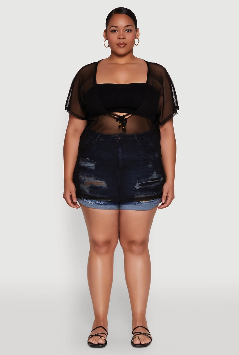 Womens Plus Mesh Tie Front Cover Up,