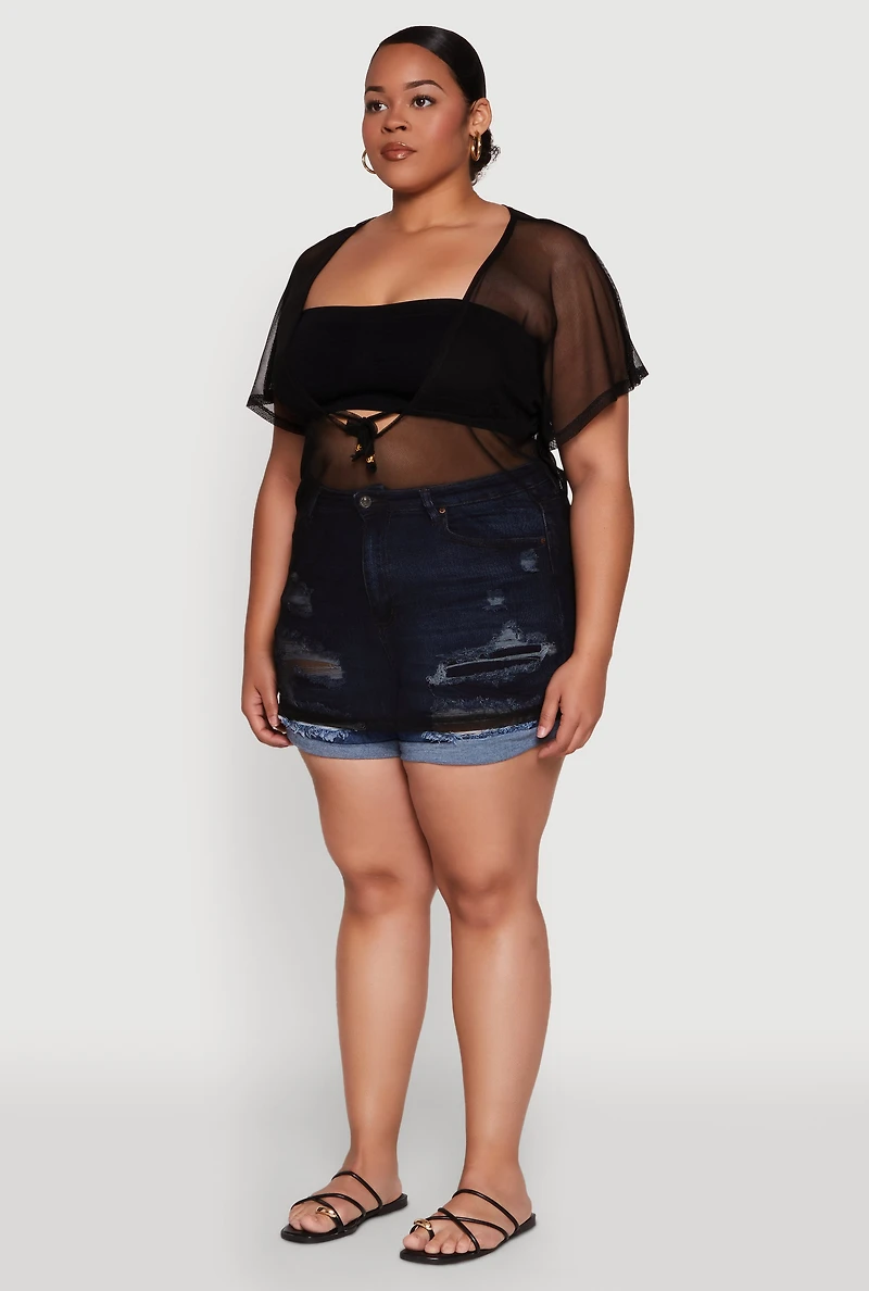 Womens Plus Mesh Tie Front Cover Up,