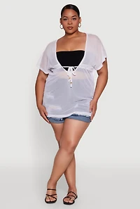 Womens Plus Size Mesh Tie Front Cover Up, White, Size 3X