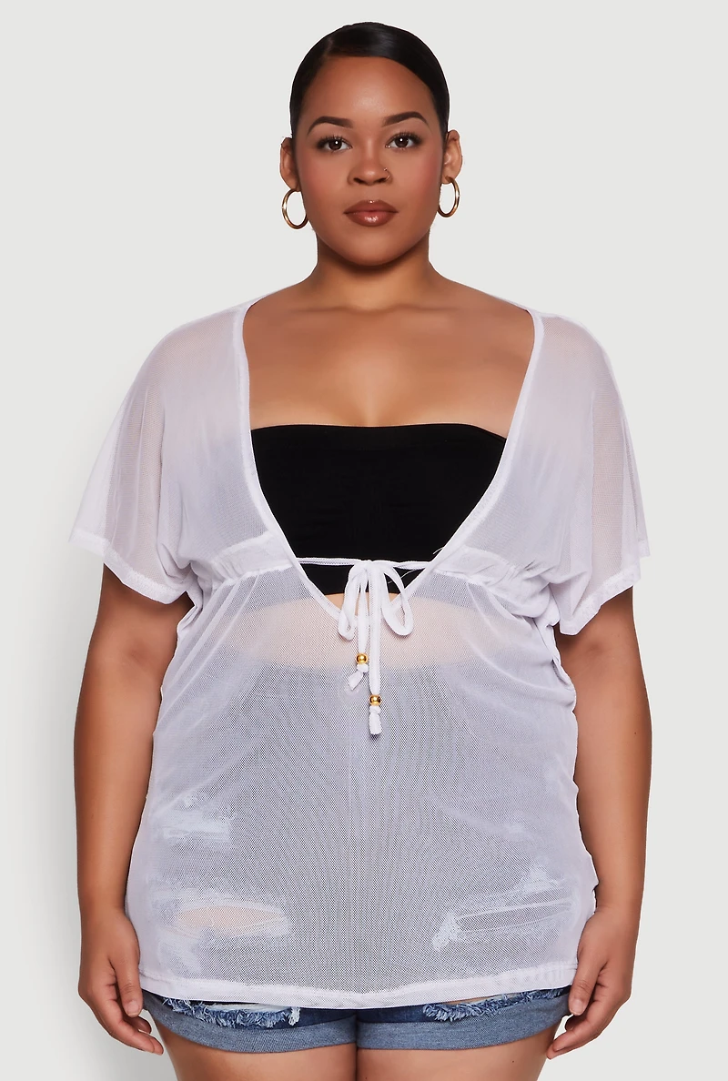 Womens Plus Size Mesh Tie Front Cover Up, White, Size 3X