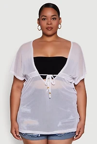 Womens Plus Size Mesh Tie Front Cover Up, White, Size 3X