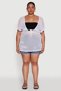 Womens Plus Size Mesh Tie Front Cover Up, White, Size 2X