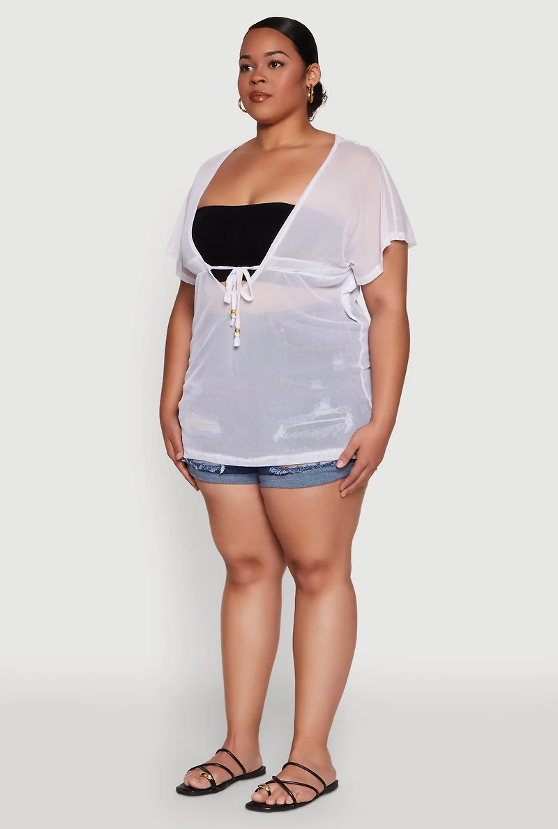 Womens Plus Size Mesh Tie Front Cover Up, White, Size 2X