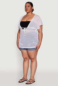Womens Plus Size Mesh Tie Front Cover Up, White, Size 2X
