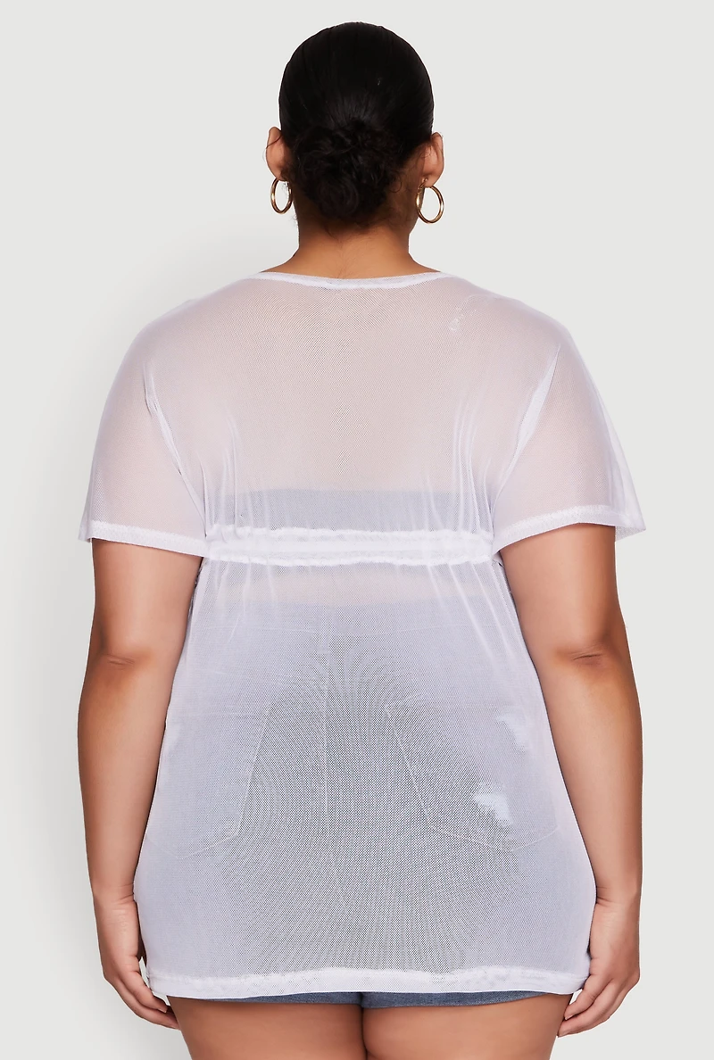 Womens Plus Size Mesh Tie Front Cover Up, White, Size 2X
