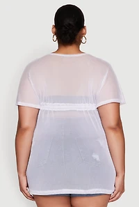 Womens Plus Size Mesh Tie Front Cover Up, White, Size 2X
