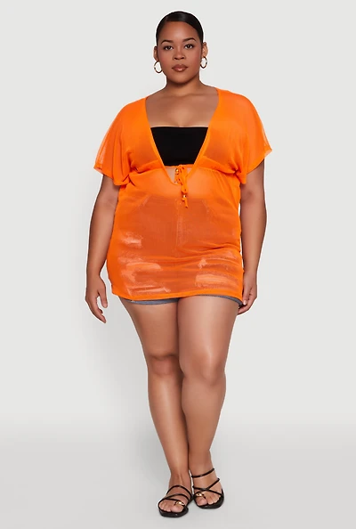 Womens Plus Mesh Tie Front Cover Up,