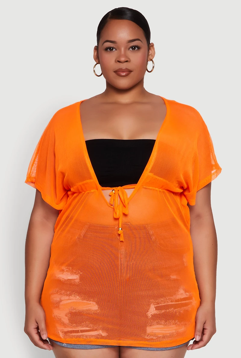 Womens Plus Mesh Tie Front Cover Up,