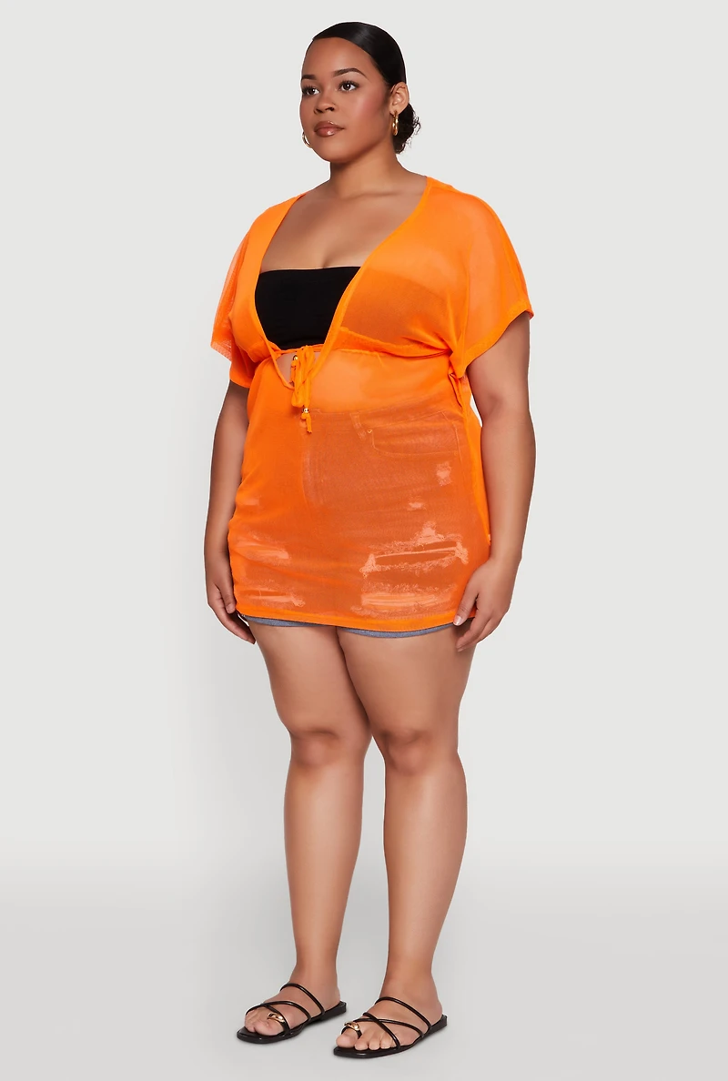 Womens Plus Mesh Tie Front Cover Up,
