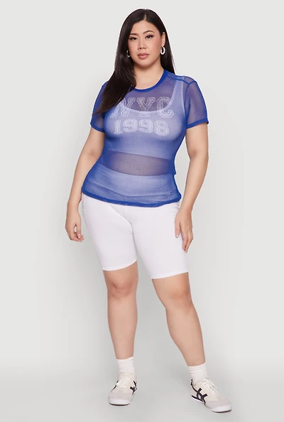 Womens Plus Size NYC 1998 Fishnet Top, Blue, Size 3X