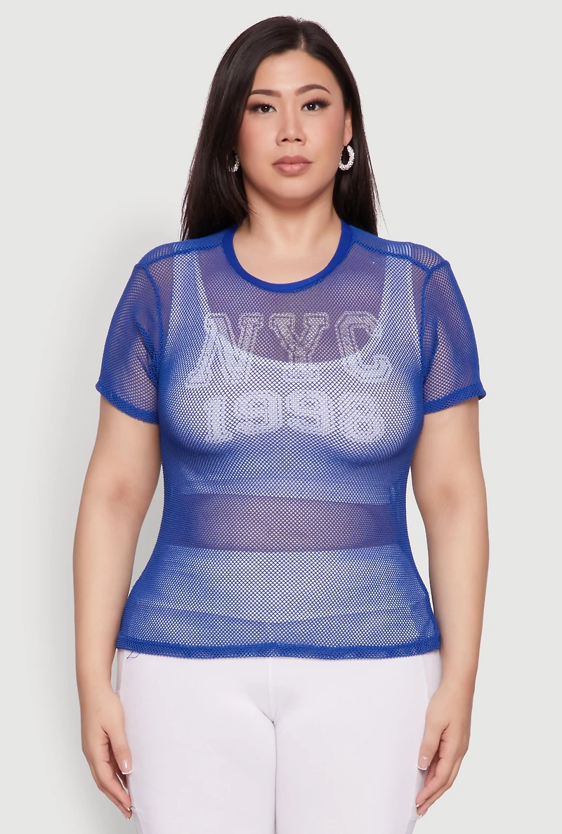 Womens Plus Size NYC 1998 Fishnet Top, Blue, Size 2X