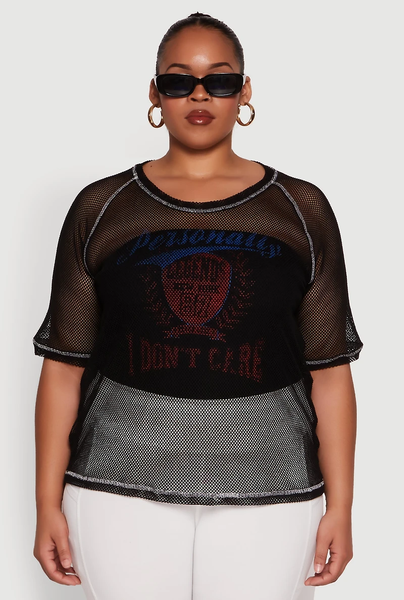 Womens Plus Personally I Dont Care Fishnet Top,