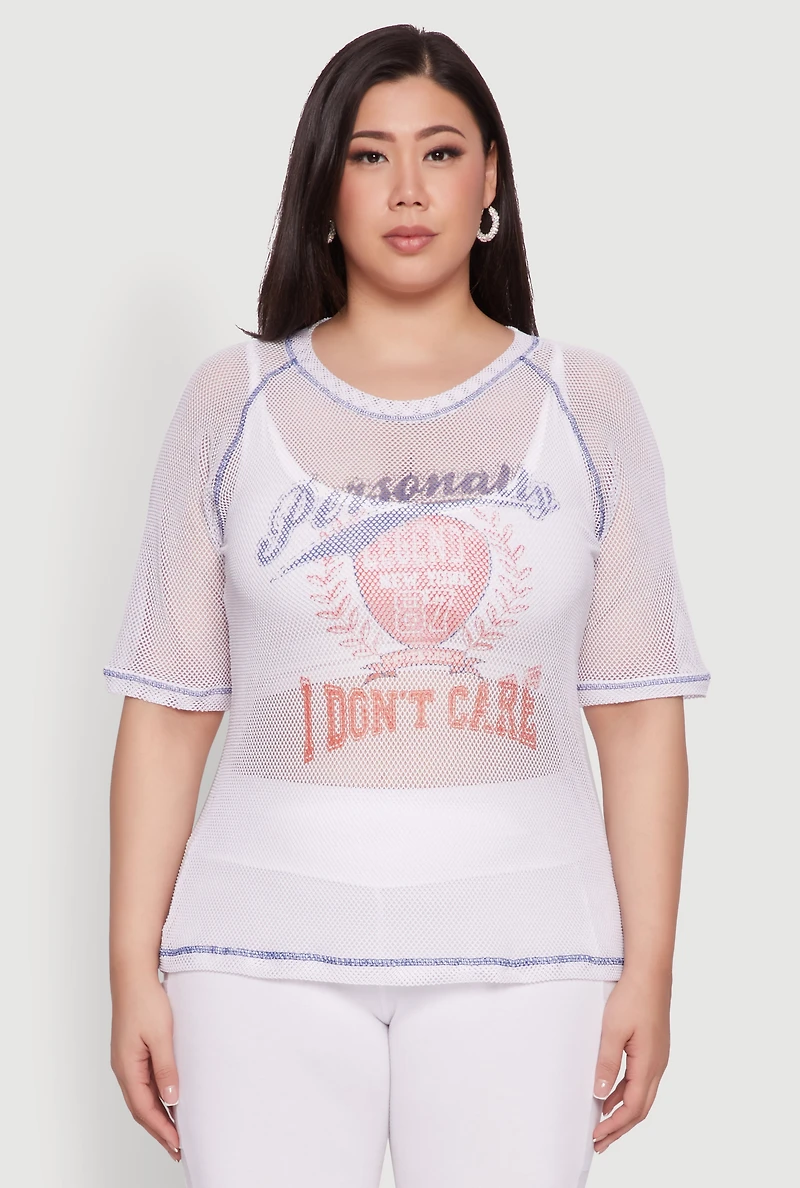 Womens Plus Size Personally I Dont Care Fishnet Top, White, Size 2X