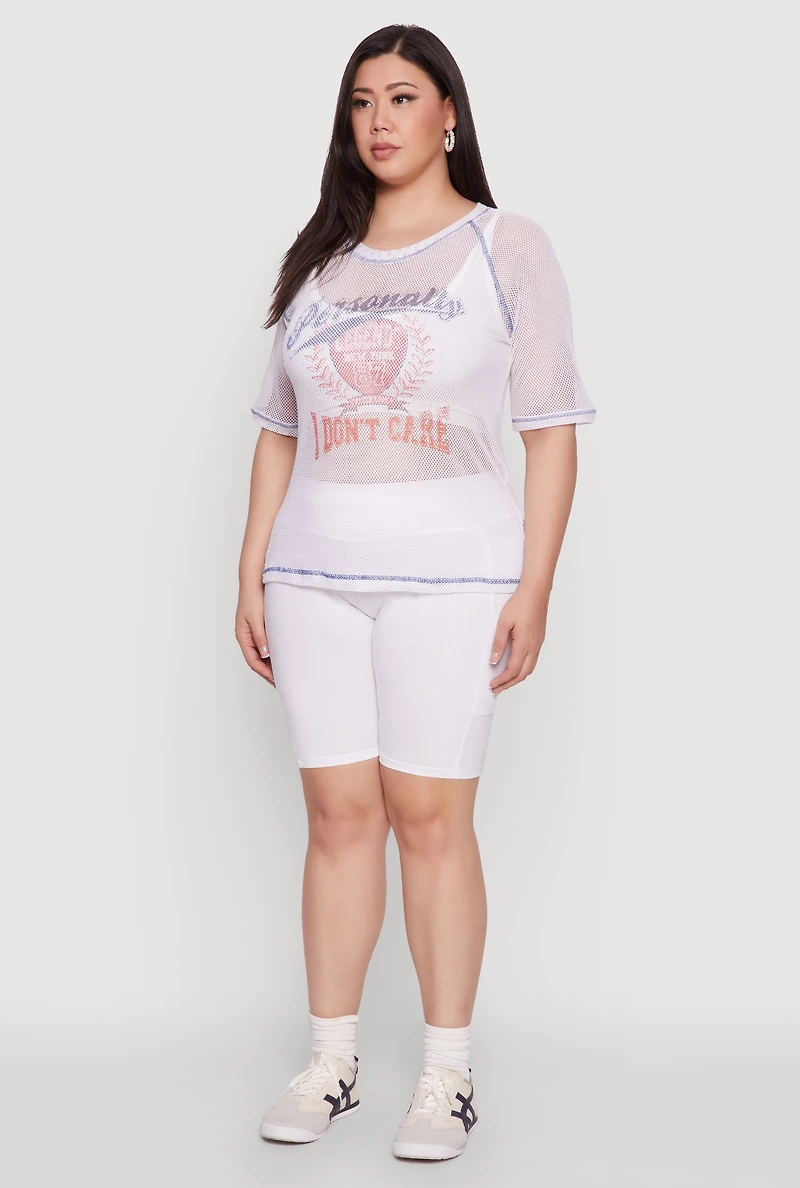 Womens Plus Size Personally I Dont Care Fishnet Top, White, Size 3X