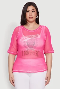 Womens Plus Personally I Dont Care Fishnet Top, Pink,