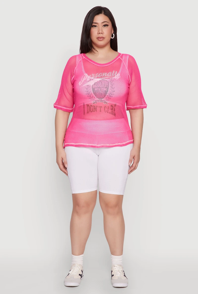 Womens Plus Personally I Dont Care Fishnet Top,