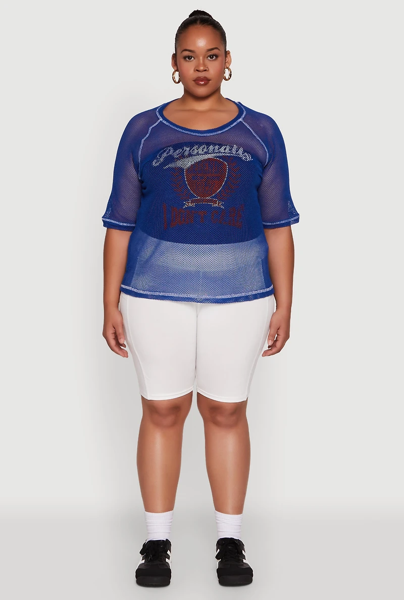 Womens Plus Size Personally I Dont Care Fishnet Top, Blue, Size 3X