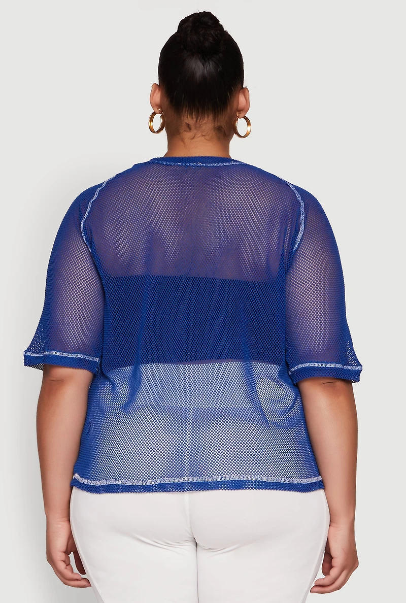 Womens Plus Size Personally I Dont Care Fishnet Top, Blue, Size 3X