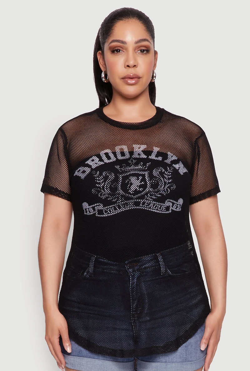 Womens Plus Brooklyn College League Fishnet Top,