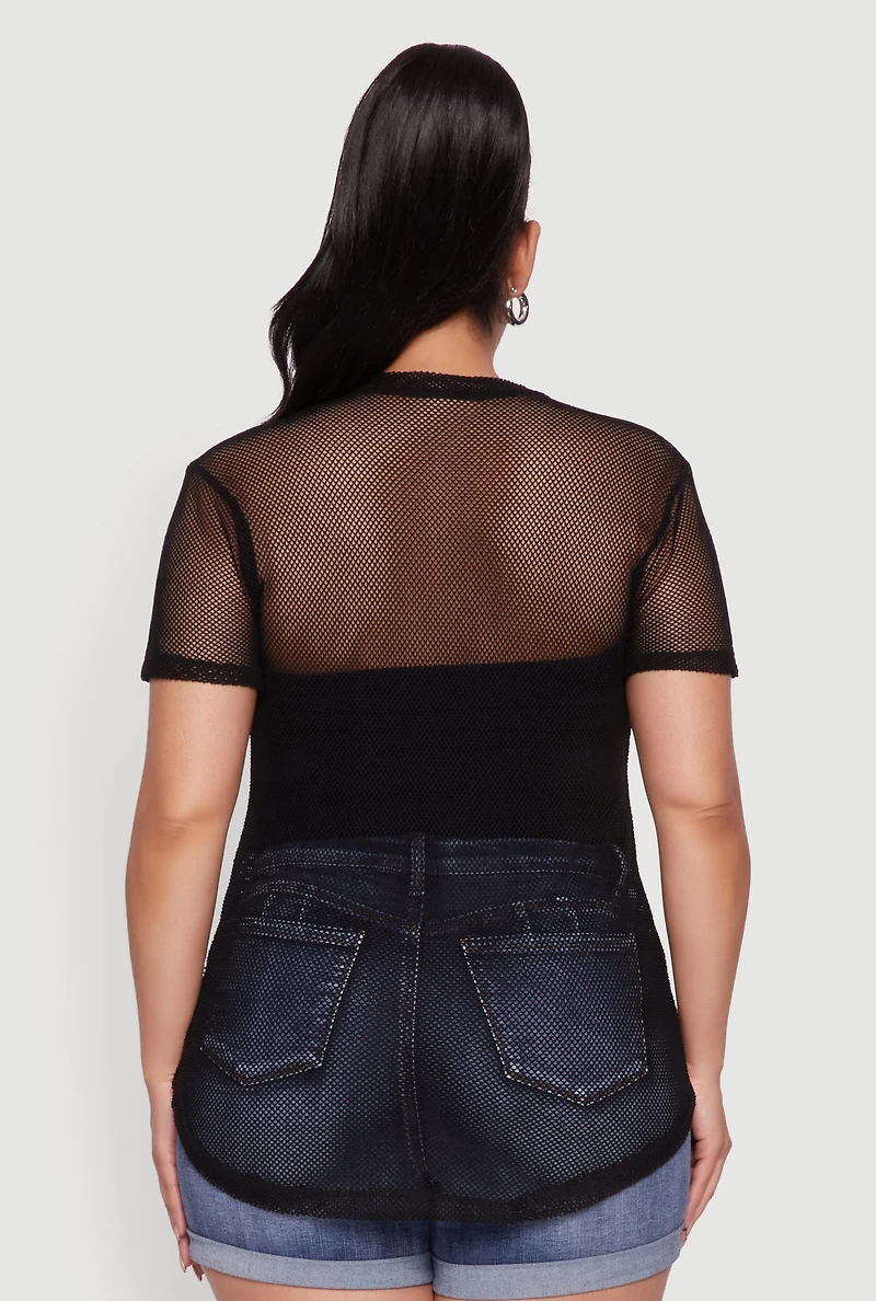 Womens Plus Size Brooklyn College League Fishnet Top, Black, Size 1X