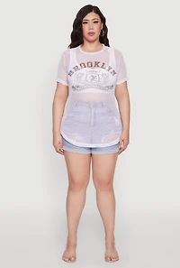 Womens Plus Size Brooklyn College League Fishnet Top, White, Size 3X