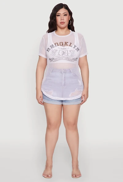 Womens Plus Size Brooklyn College League Fishnet Top, White, Size 3X