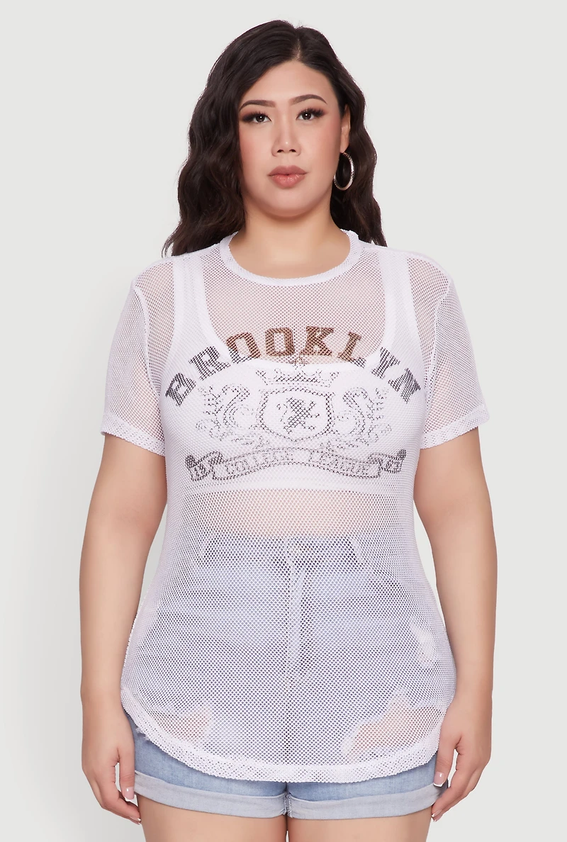 Womens Plus Size Brooklyn College League Fishnet Top, White, Size 3X