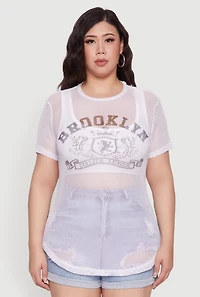 Womens Plus Size Brooklyn College League Fishnet Top, White, Size 3X