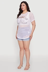 Womens Plus Size Brooklyn College League Fishnet Top, White, Size 4X