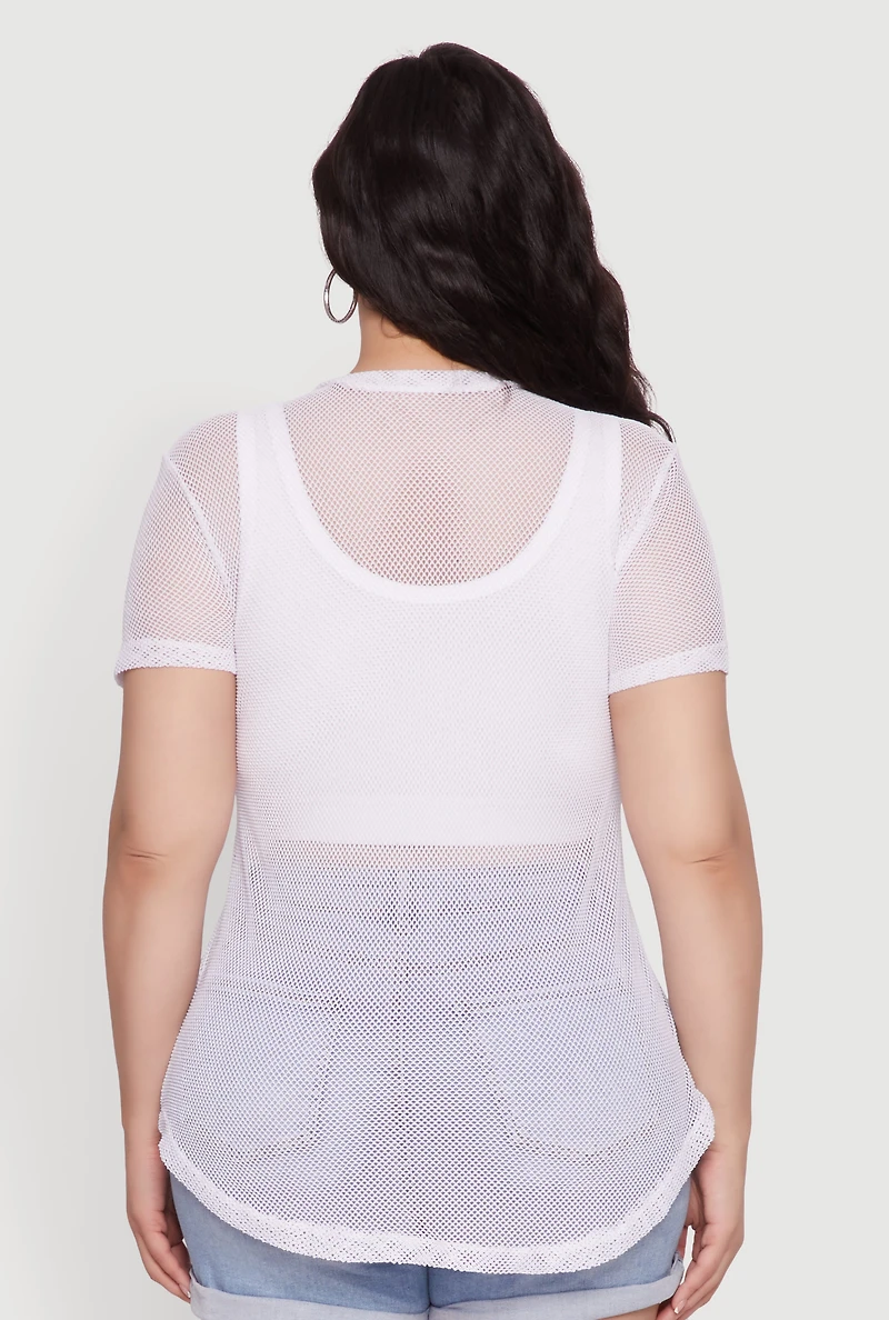 Womens Plus Size Brooklyn College League Fishnet Top, White, Size 3X